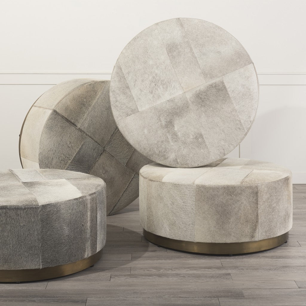 Gray Cowhide Round Ottoman With Metal Base