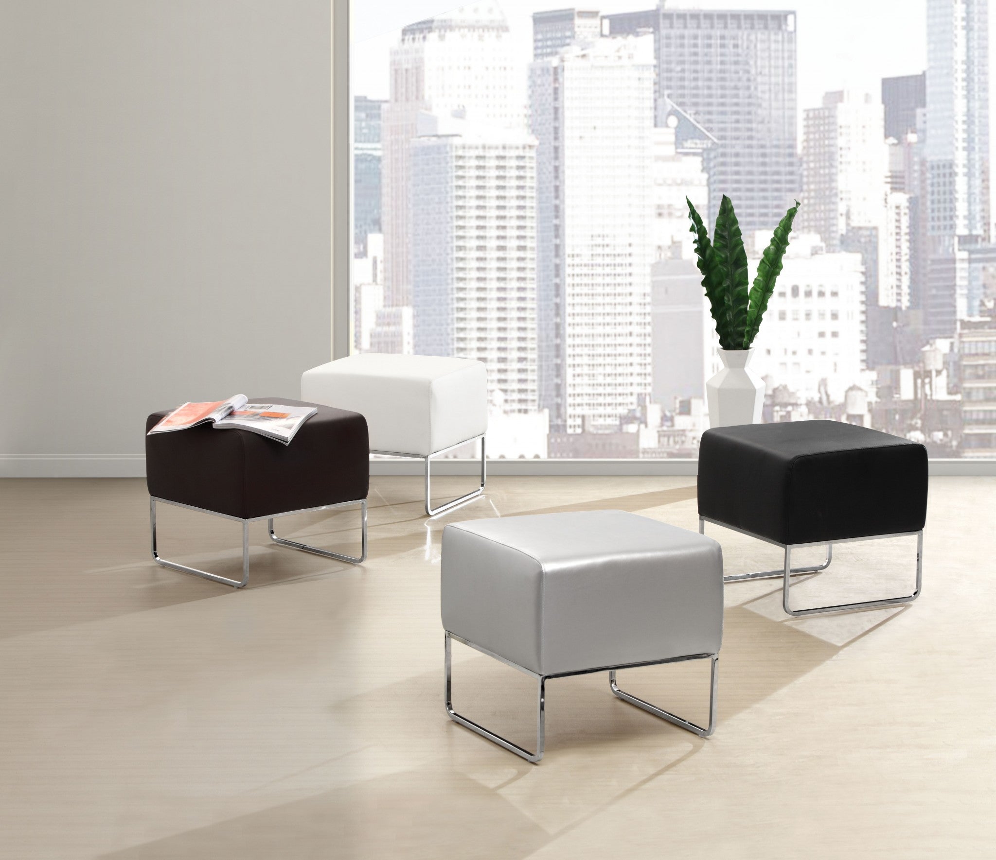 18" Expresso Brown Faux Leather With Chrome Ottoman