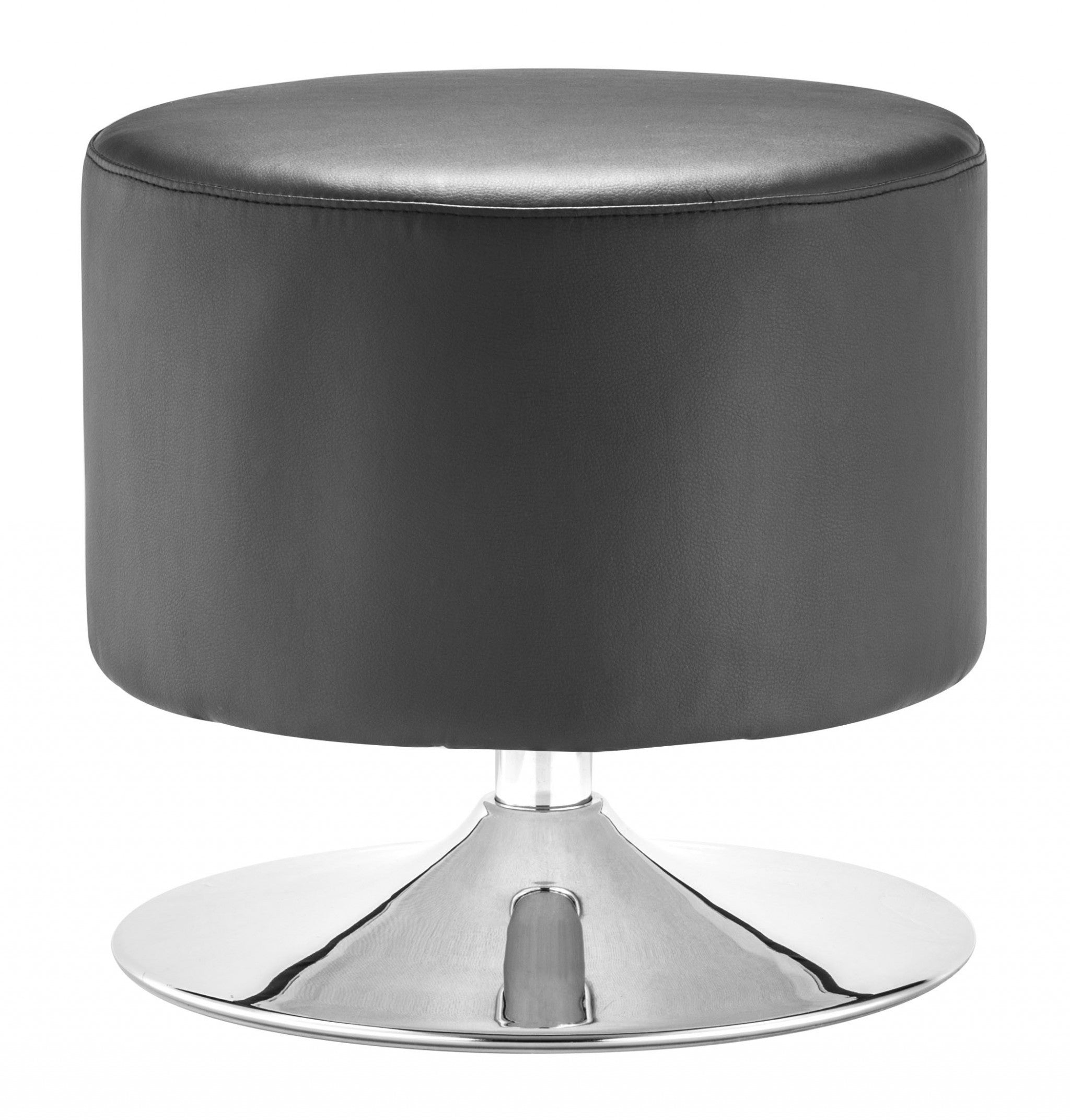 18" Black Faux Leather With Chrome Round Ottoman