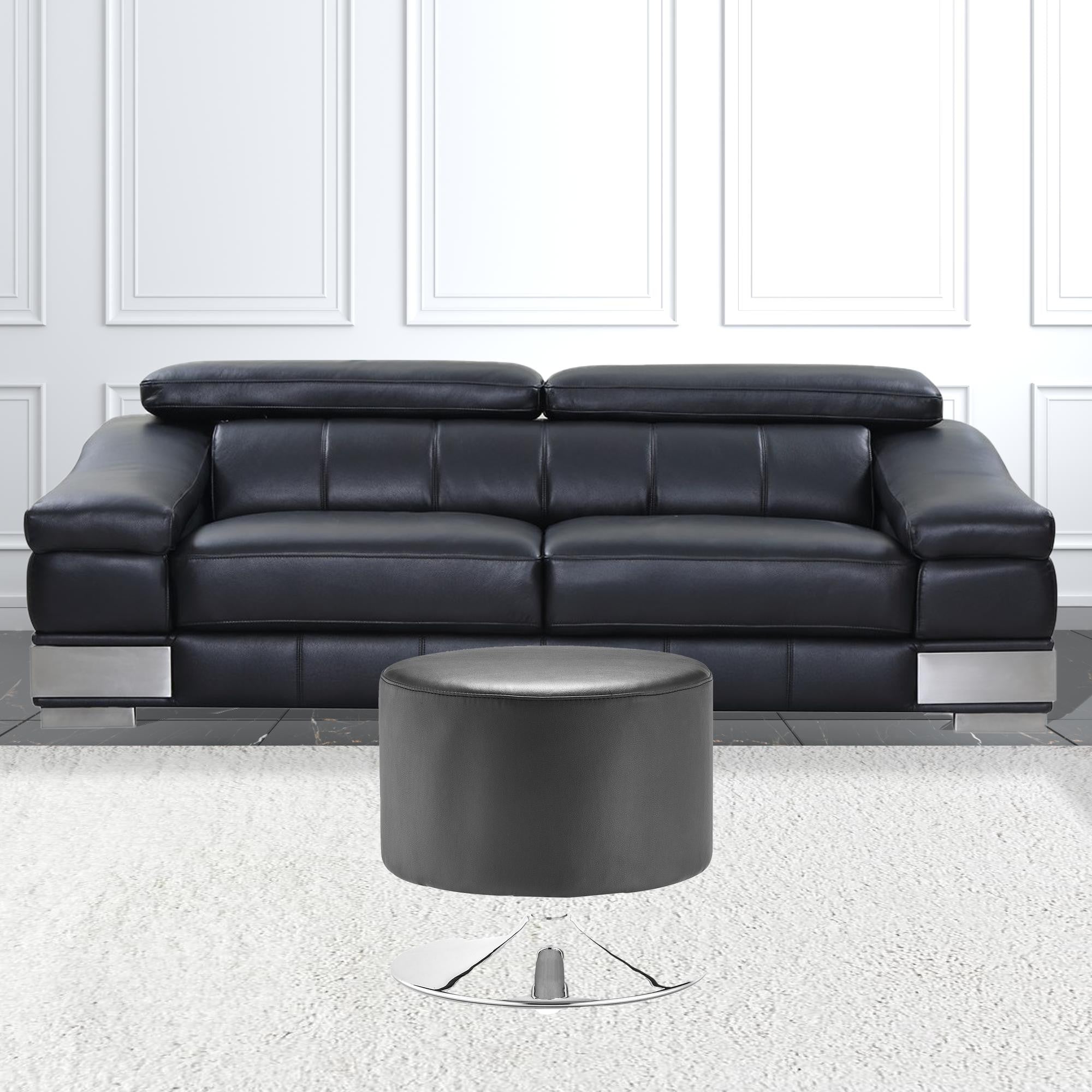 18" Black Faux Leather With Chrome Round Ottoman