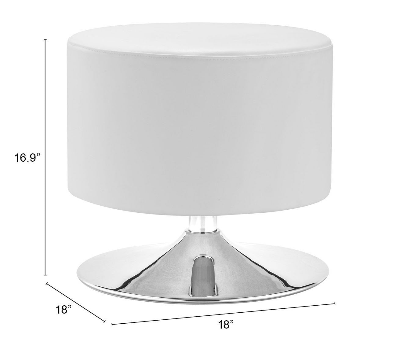 18" White Faux Leather And Silver Round Ottoman