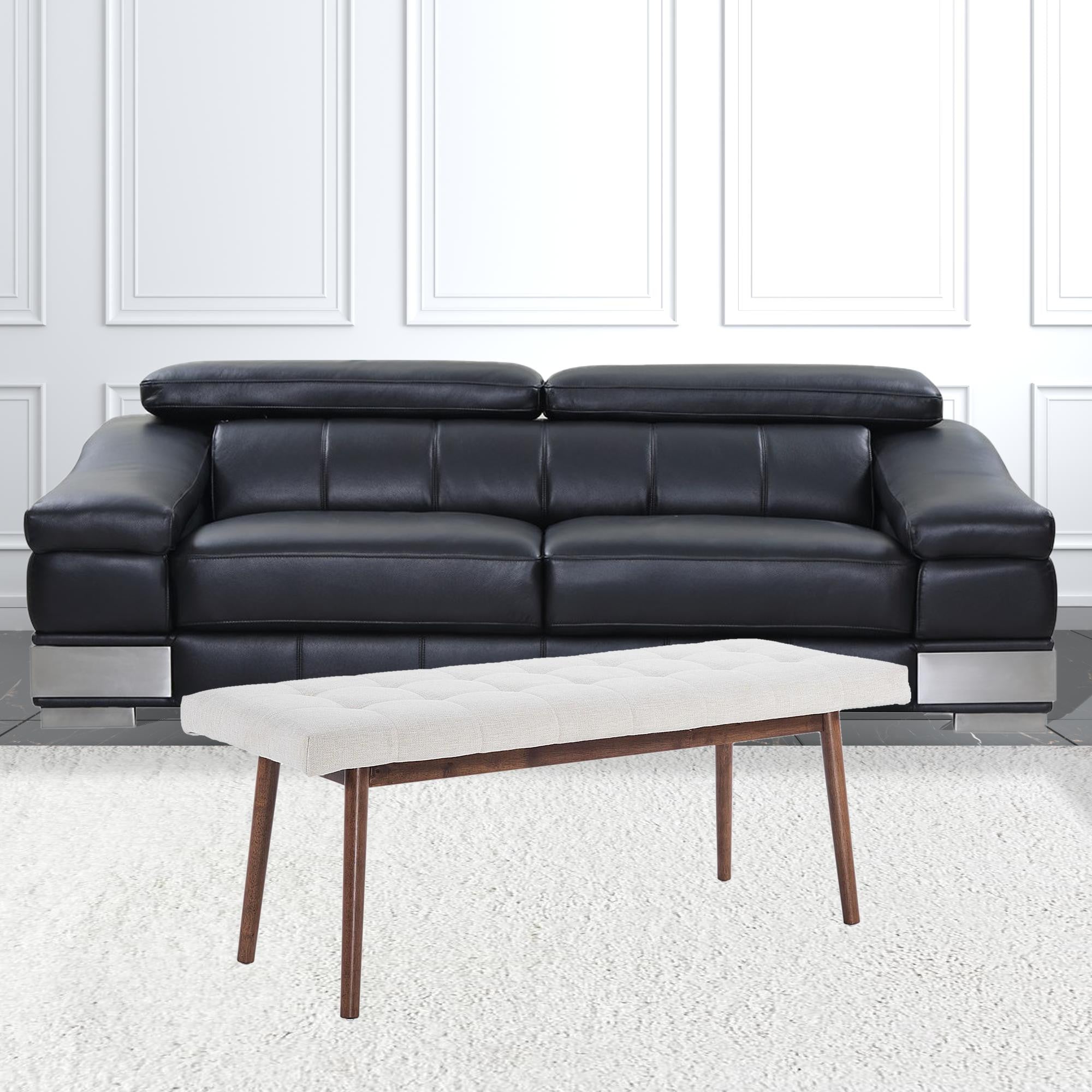 49" Beige 100% Linen And Dark Brown Tufted Ottoman