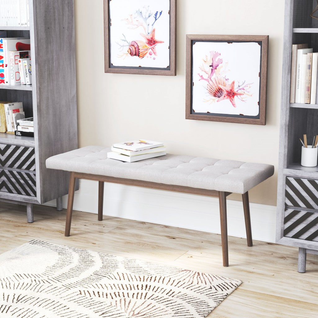 49" Beige 100% Linen And Dark Brown Tufted Ottoman