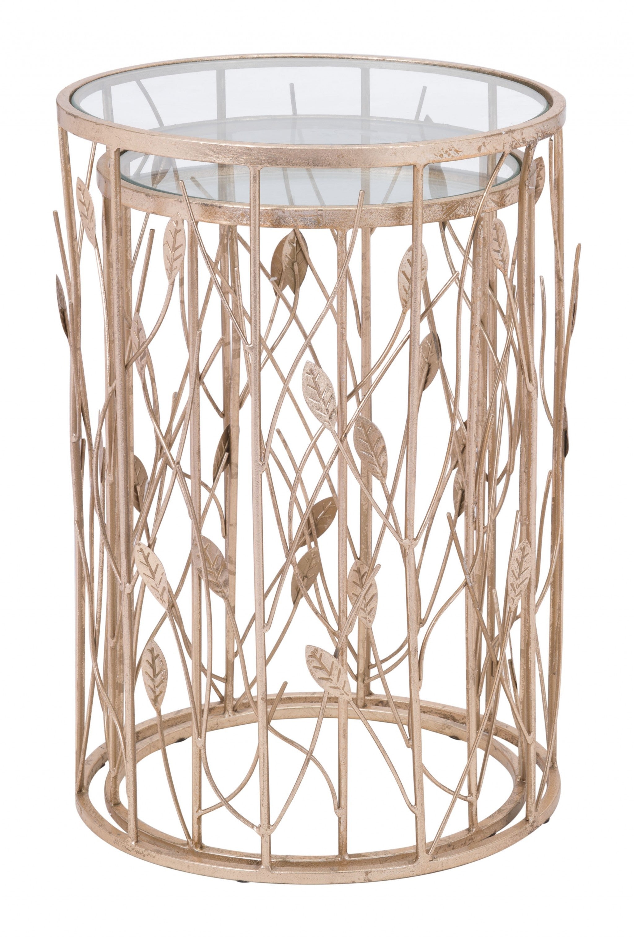 Conjunto de dos mesas auxiliares de vidrio y oro hoja