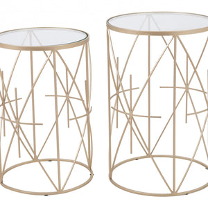 Set of Two Geometric Gold and Glass Side Tables