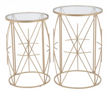 Set of Two Geometric Gold and Glass Side Tables