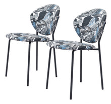 Set of Two Blue Black and White Tropical Design Dining or Side Chairs