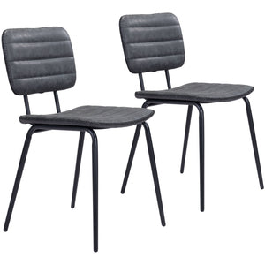 Set of Two Gray Modern Faux Leather Channel Stitching Dining Chairs