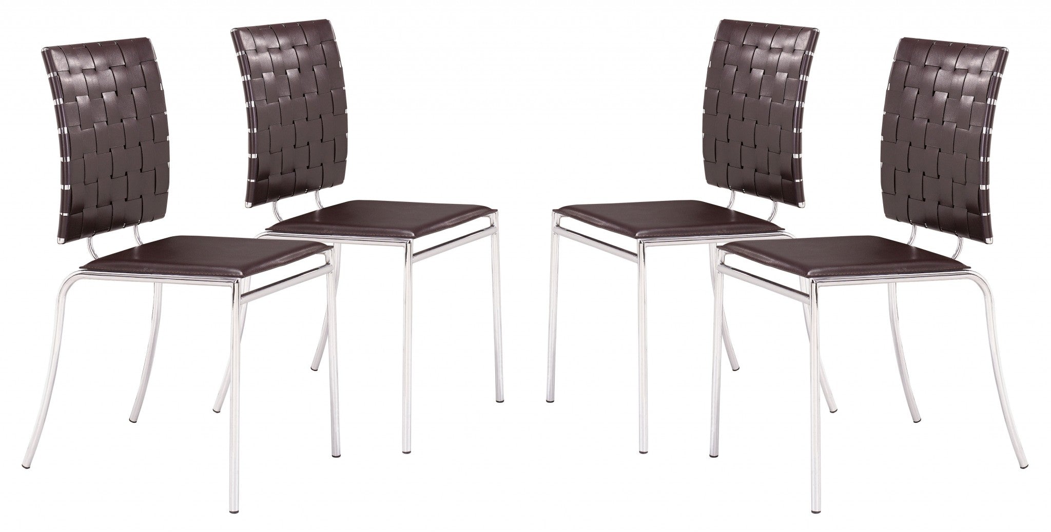Set of Four Brown Faux Leather and Steel Modern Basket Weave Dining Chairs