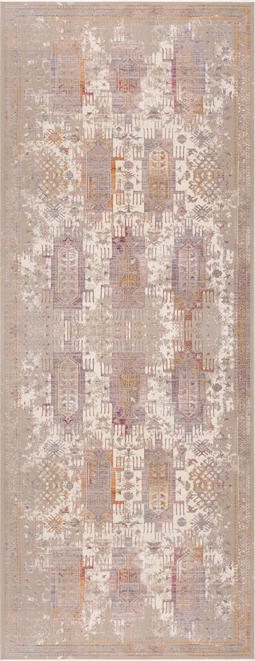 2’ x 10’ Beige Faded Tribal Motifs Runner Rug