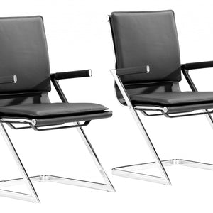 Set Of Two Black Faux Leather Seat Adjustable Conference Chair Metal Back Steel Frame