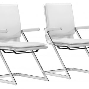 White Faux Leather Seat Adjustable Conference Chair Metal Back Steel Frame Set Of Two