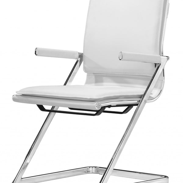 White Faux Leather Seat Adjustable Conference Chair Metal Back Steel Frame Set Of Two