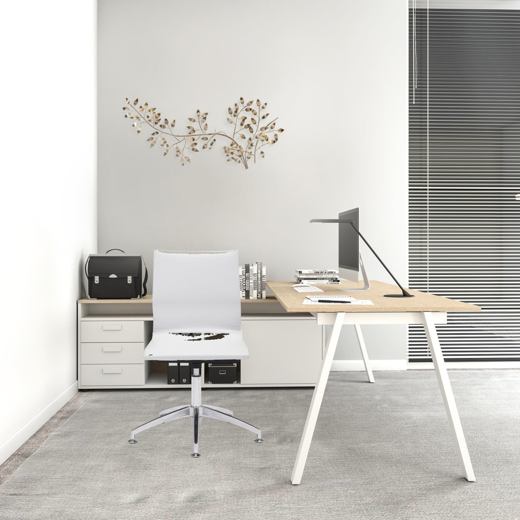 White Faux Leather Seat Swivel Adjustable Conference Chair Metal Back Steel Frame