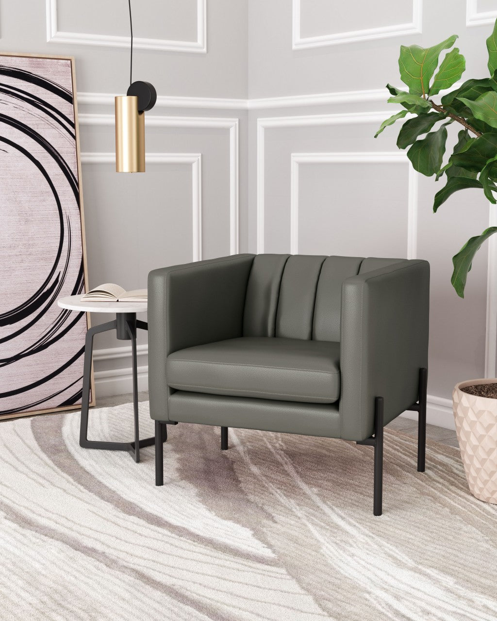 Dark Khaki Green and Black Modern Cube Faux Leather Accent Chair