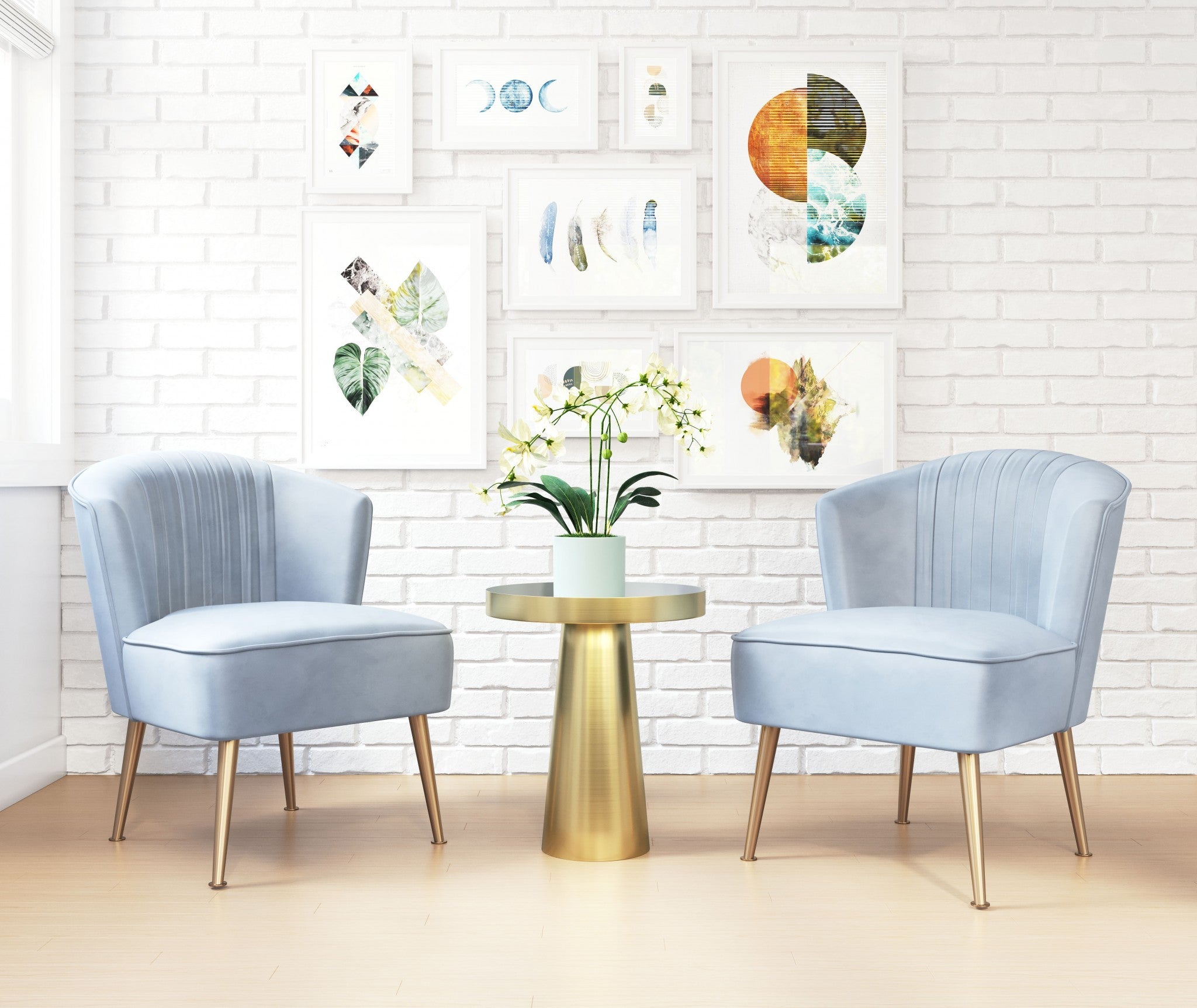 26" Blue Velvet And Gold Side Chair