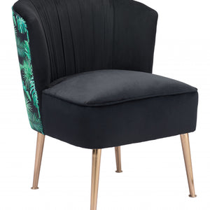 26" Black Velvet And Gold Tropical Print Side Chair