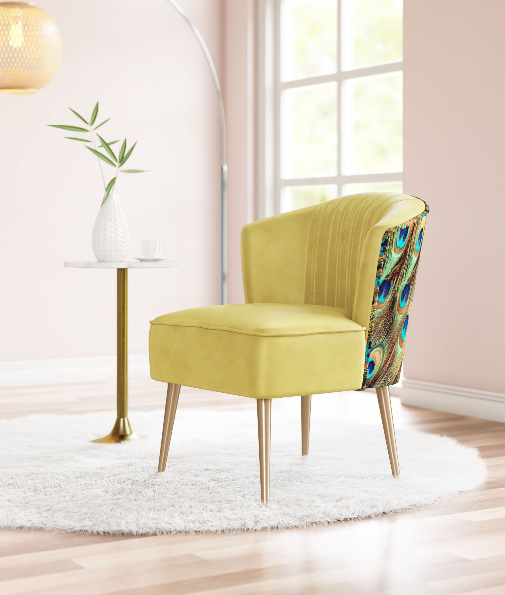 Gold Velvet Peacock Print Side Chair 26"
