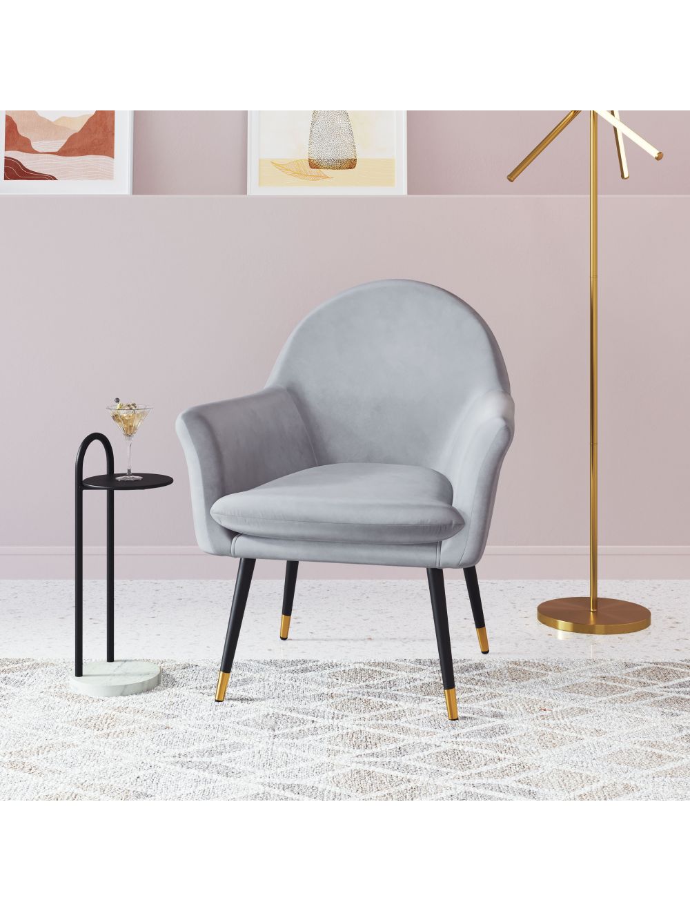 Gray Comfy Curvy Velvet and Black Accent Chair