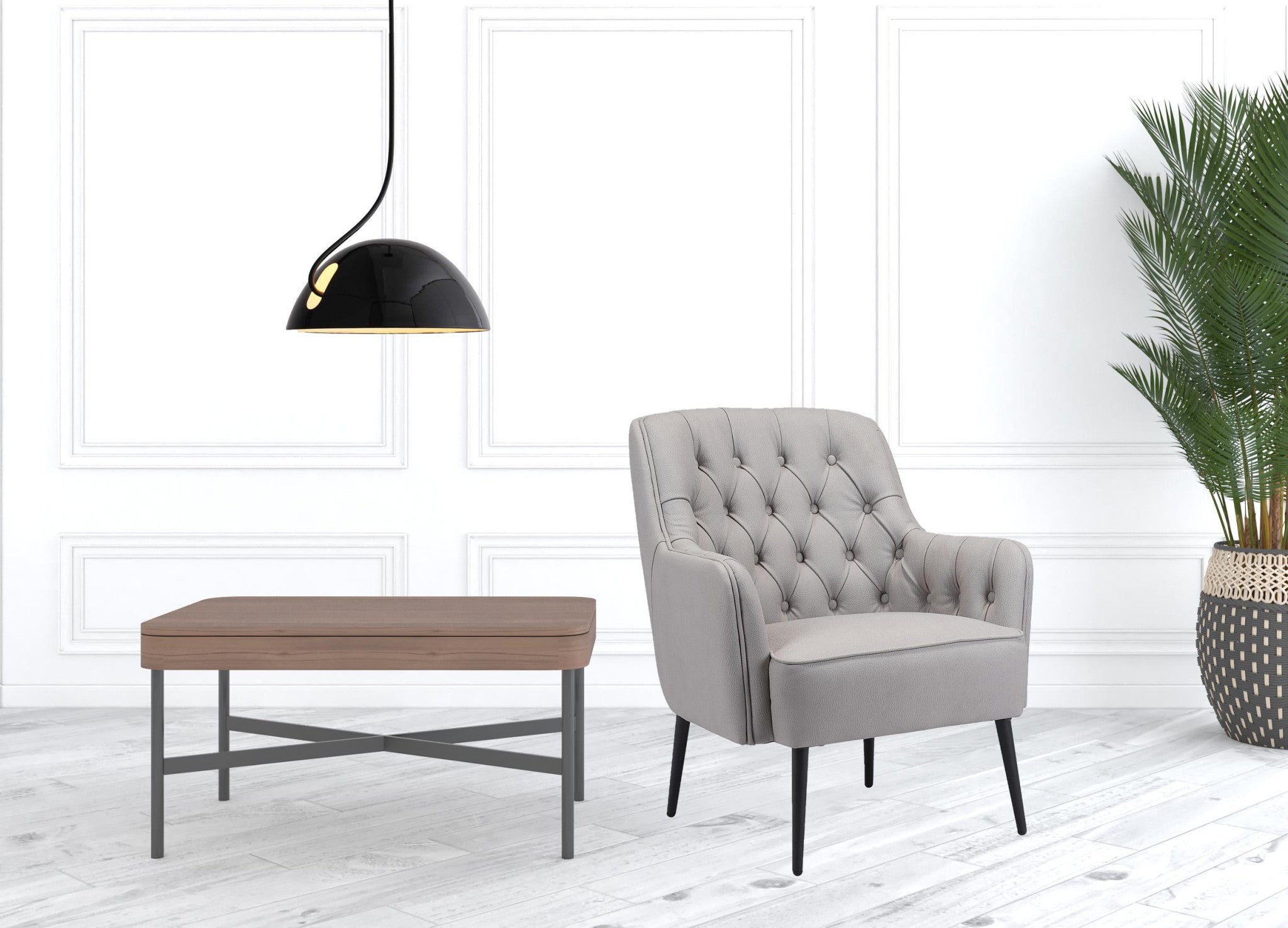 Sillón capitoné negro y piel sintética gris de 29"