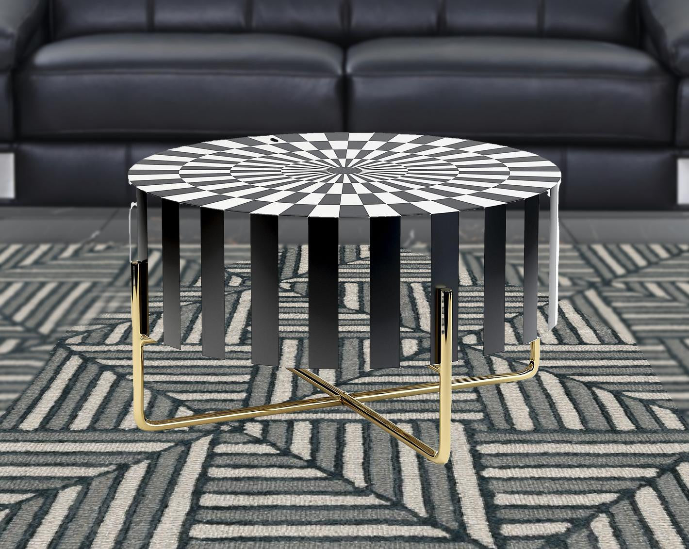 Black White and Gold Modern Deco Round Resin Coffee Table 30"