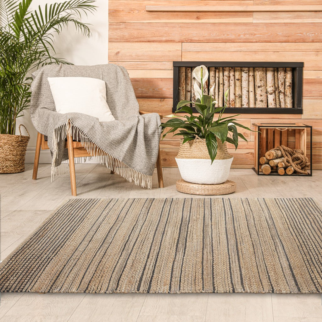 Tan and Black Eclectic Striped Area Rug - 5’ x 8’