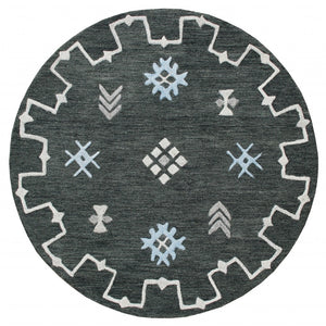 5’ Round Charcoal Geometric Border Area Rug