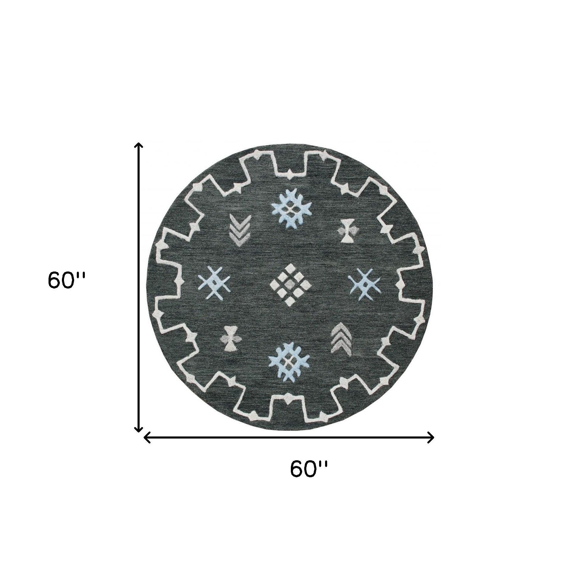 5’ Round Charcoal Geometric Border Area Rug