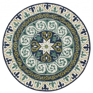 5’ Round Blue and Green Ornate Medallion Area Rug