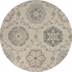 5’ Round Ivory Intricate Floral Area Rug