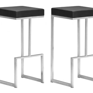 Set Of Two 30" Black And Silver Steel Backless Bar Height Chairs With Footrest