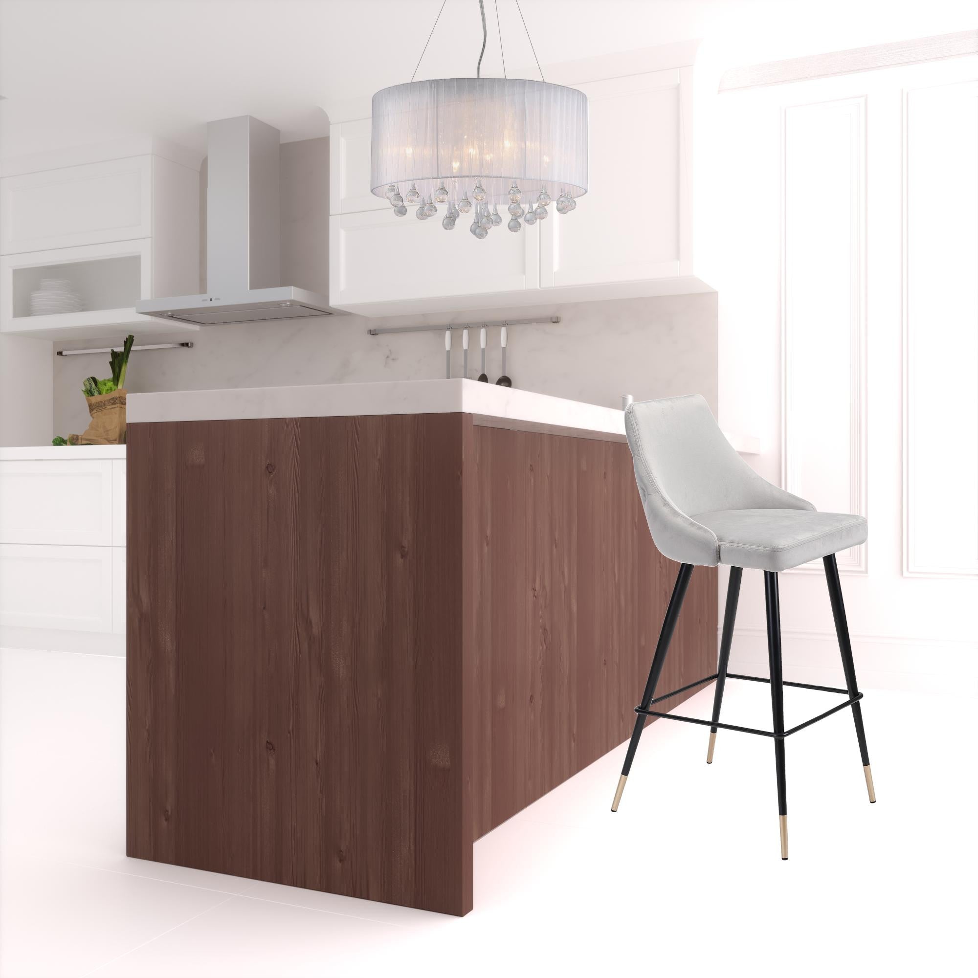 41" Gray Tufted Velvet And Black Bar Height Chair With Footrest