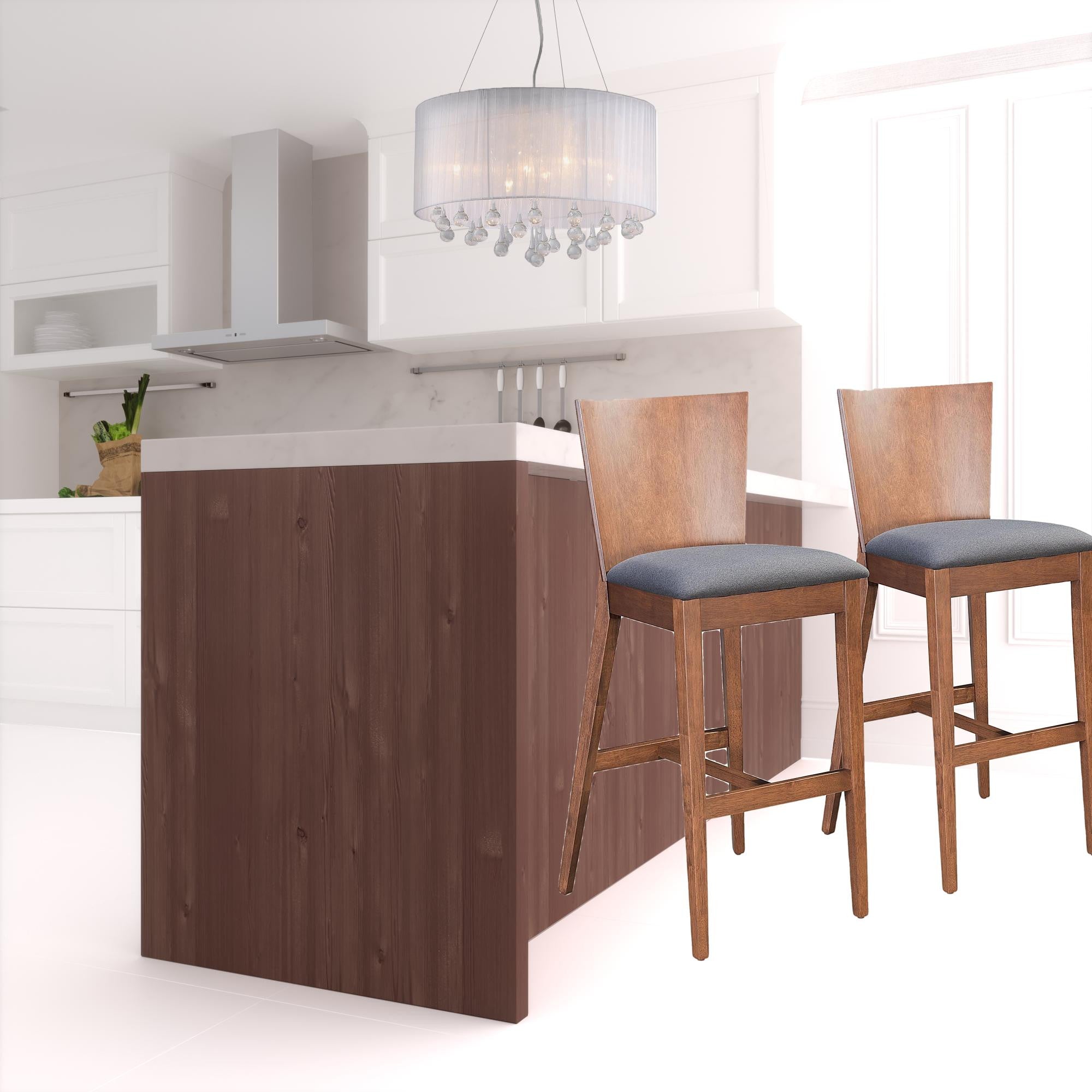 Juego de dos sillas altas de 45" en gris oscuro y marrón nogal con reposapiés