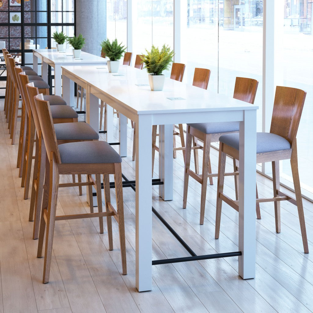 Juego de dos sillas altas de 45" en gris oscuro y marrón nogal con reposapiés