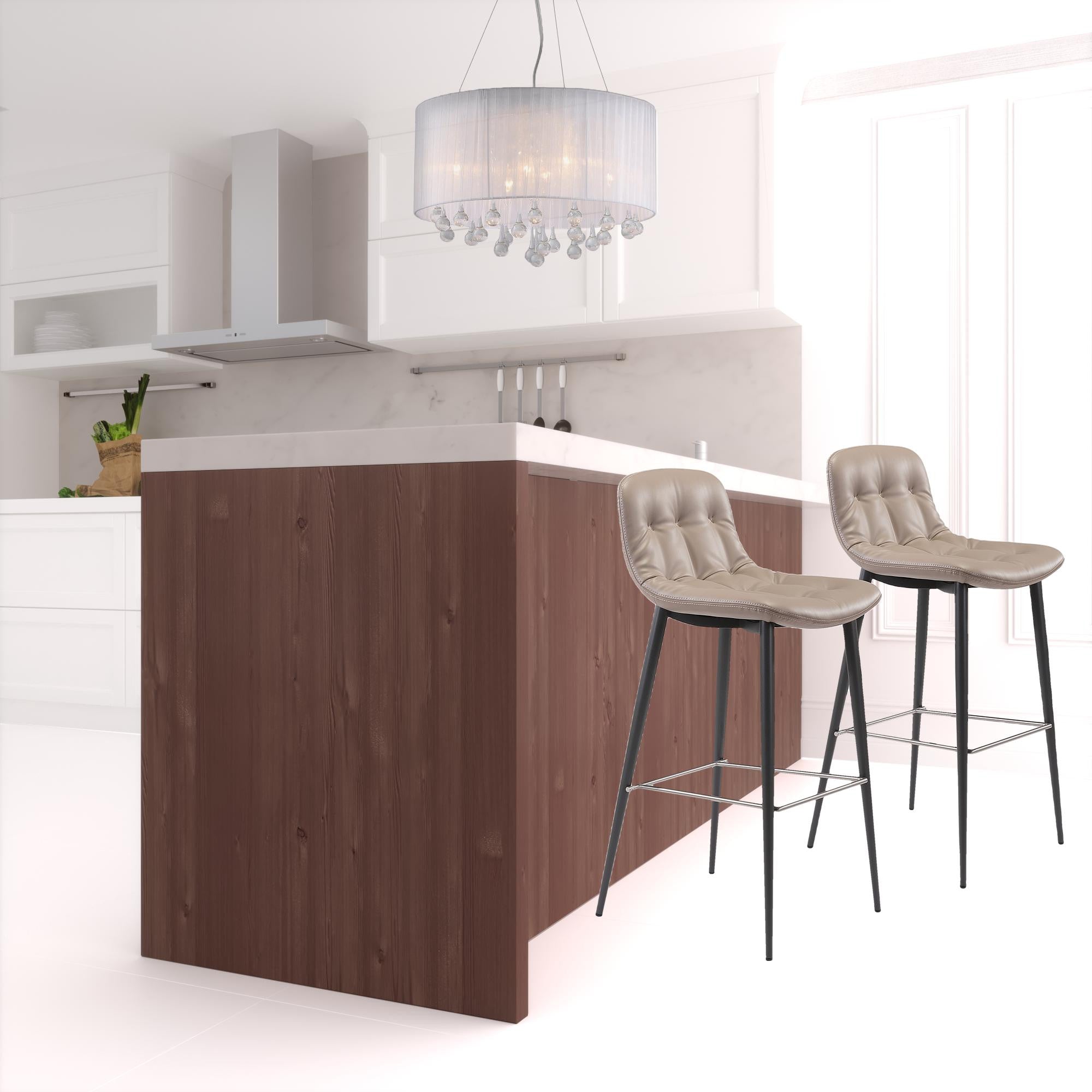 Set Of Two 40" Taupe Faux Leather and Black Bar Height Chairs