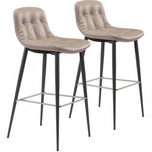 Set Of Two 40" Taupe Faux Leather and Black Bar Height Chairs