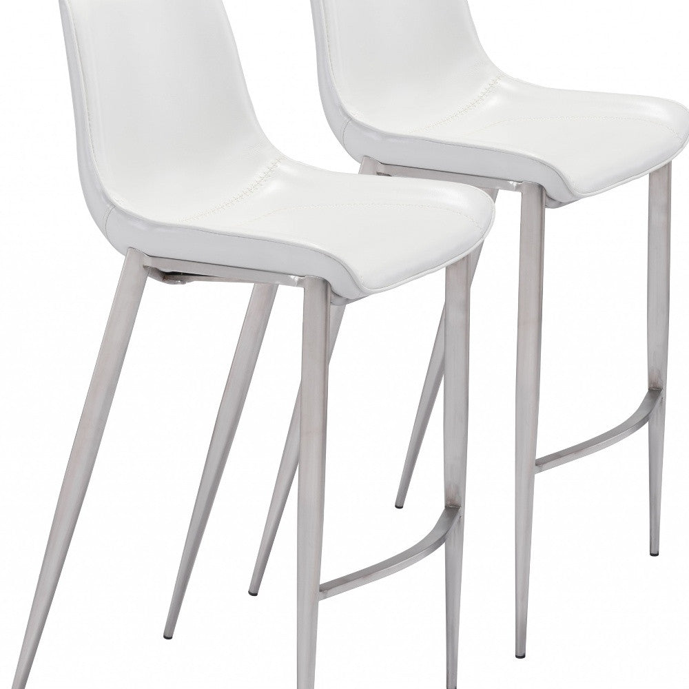 Set Of Two 43" White And Silver Steel Low Back Bar Height Chairs With Footrest