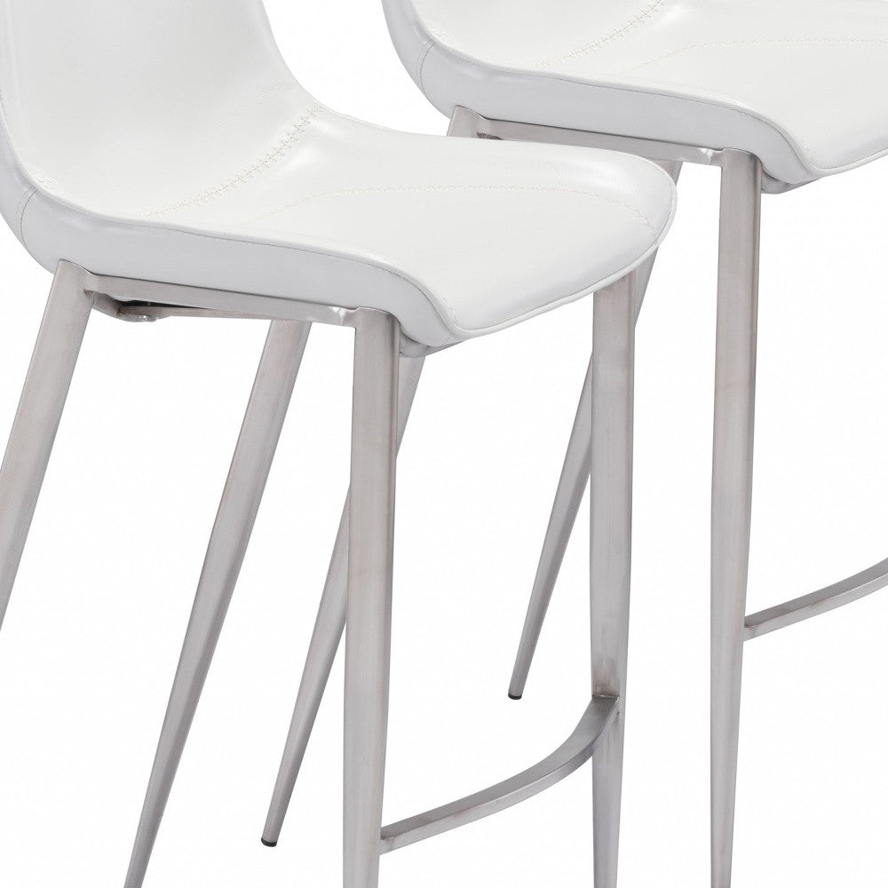 Set Of Two 43" White And Silver Steel Low Back Bar Height Chairs With Footrest