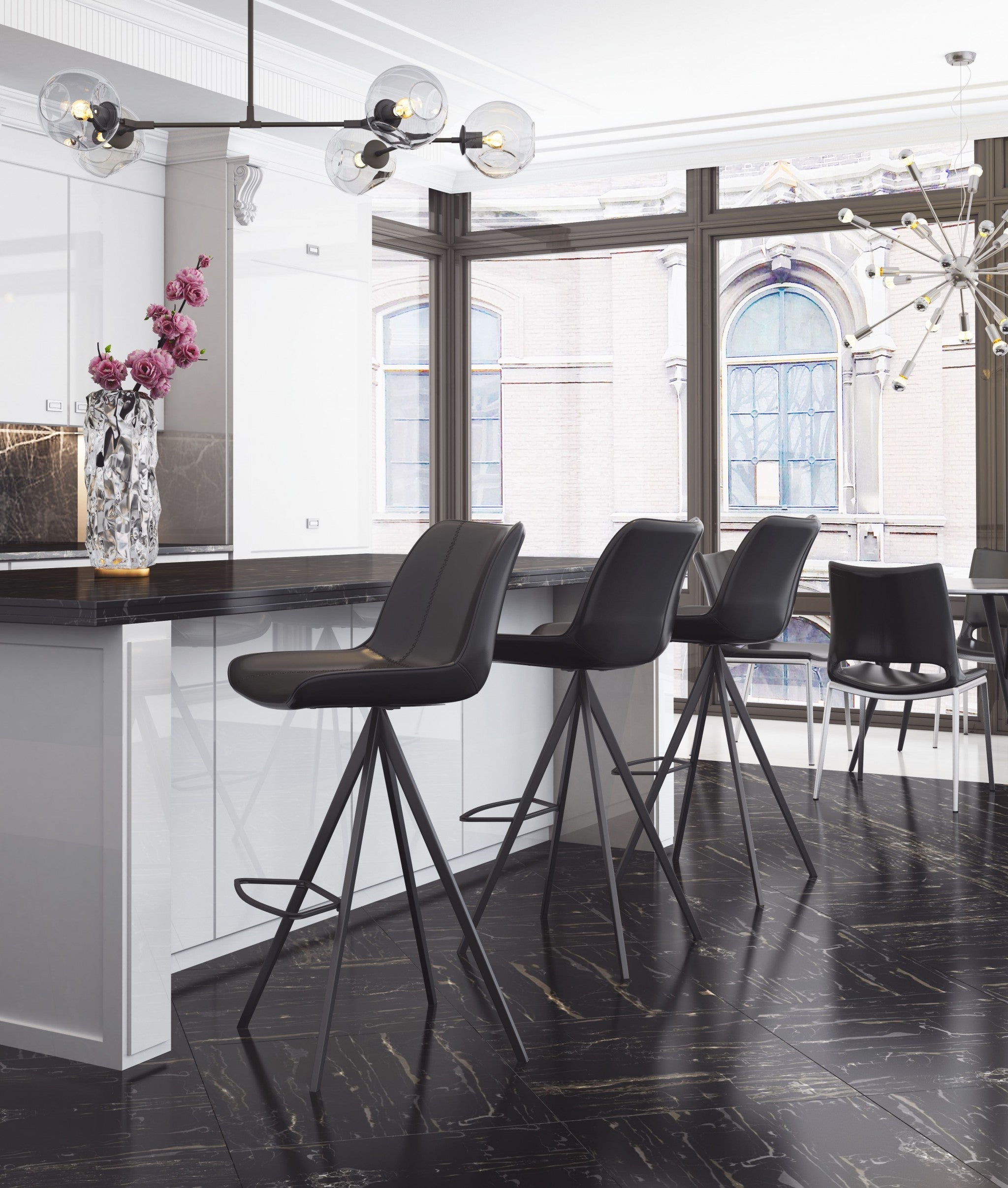 Set Of Two 42" Black Steel Low Back Bar Height Chairs With Footrest