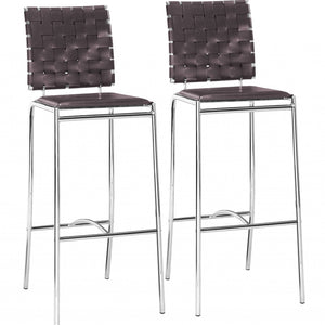 Set Of Two 41" Espresso And Silver Steel Low Back Bar Height Chairs With Footrest