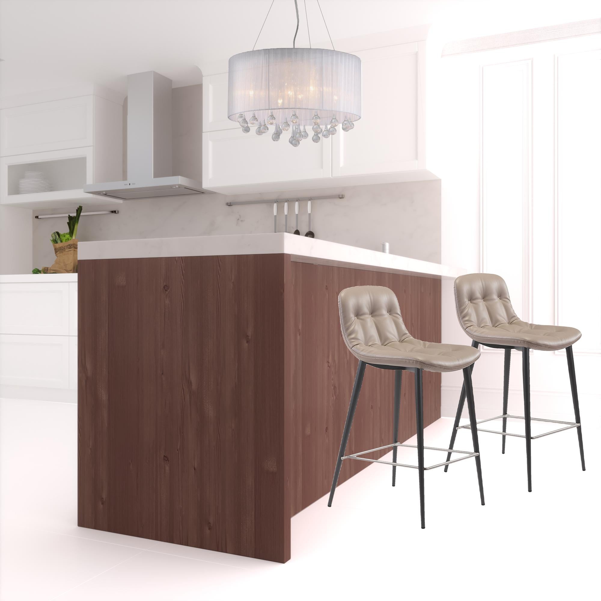 Set Of Two 36" Taupe Faux Leather and Black Counter Height Bar Chairs