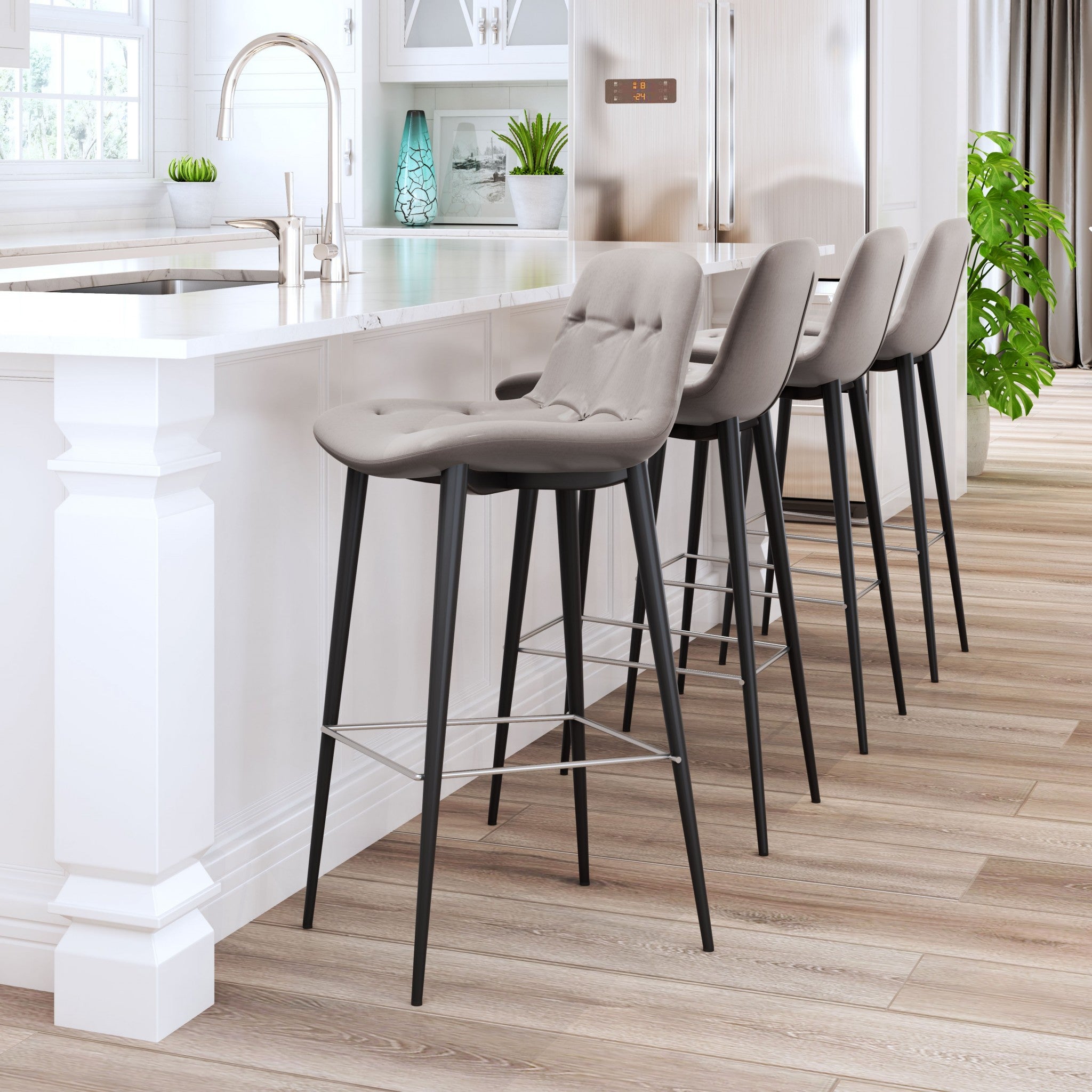 Set Of Two 36" Taupe Faux Leather and Black Counter Height Bar Chairs