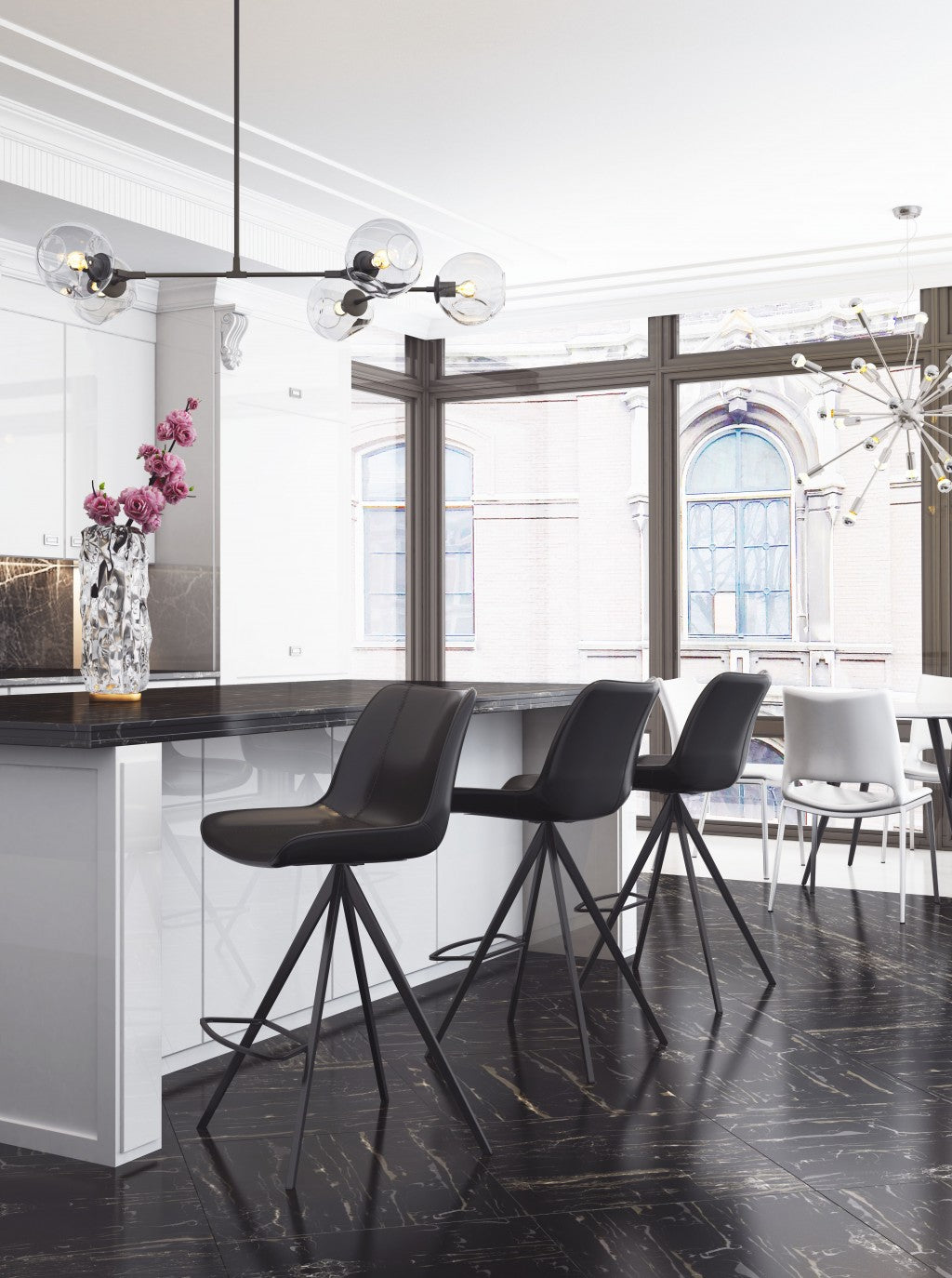 Set Of Two 39" Black Steel Low Back Counter Height Bar Chairs With Footrest