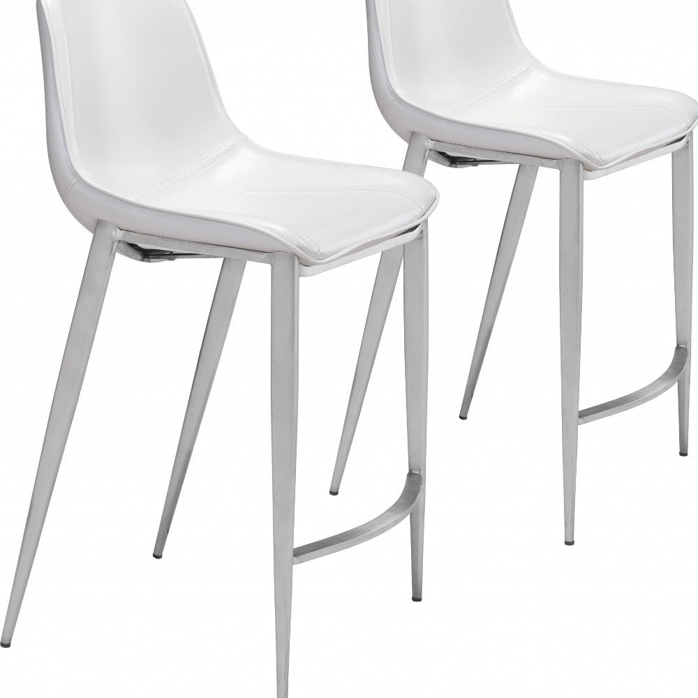 Set Of Two 40" White And Silver Steel Low Back Counter Height Bar Chairs With Footrest