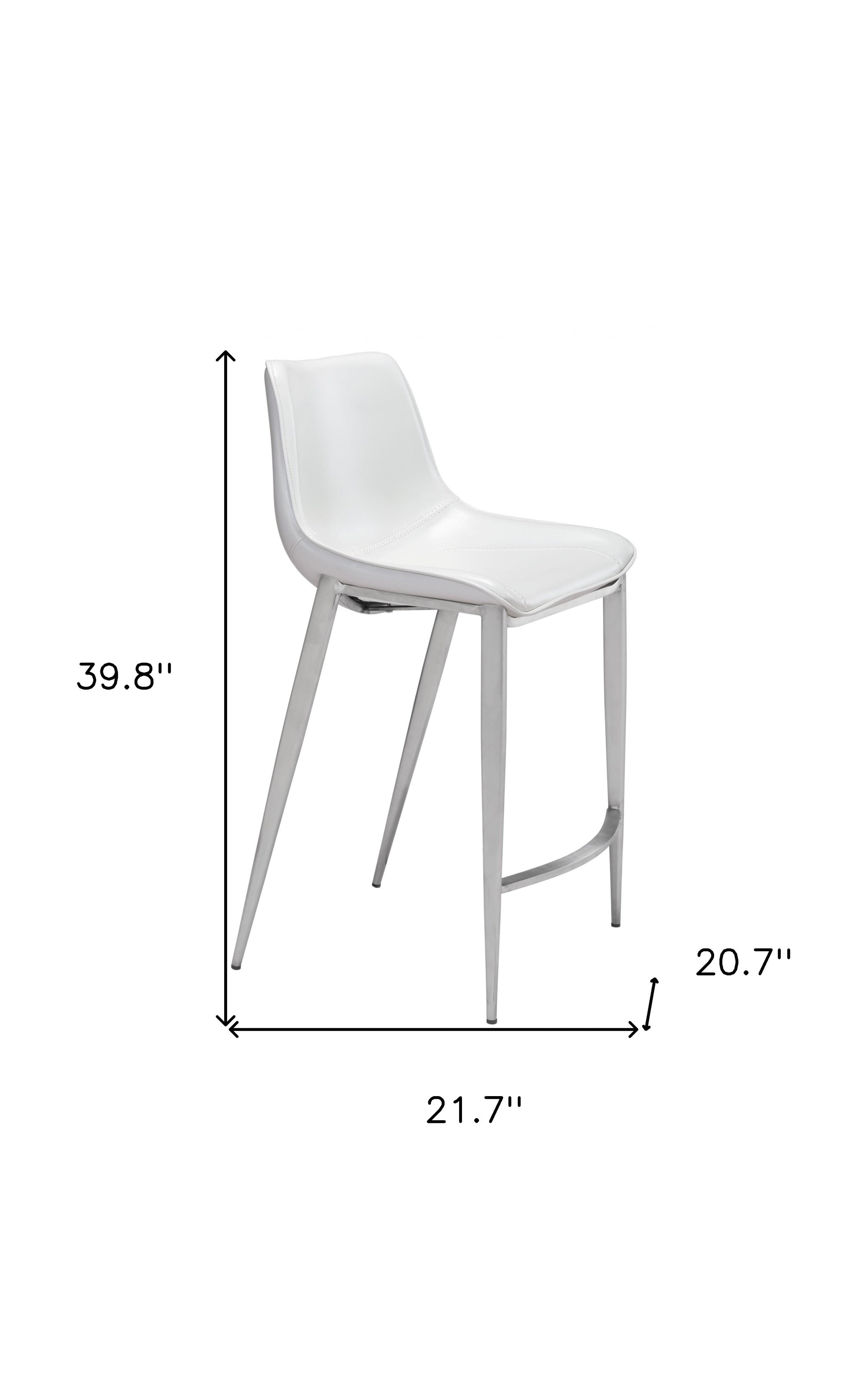 Set Of Two 40" White And Silver Steel Low Back Counter Height Bar Chairs With Footrest