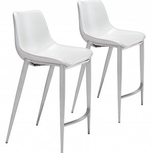 Set Of Two 40" White And Silver Steel Low Back Counter Height Bar Chairs With Footrest