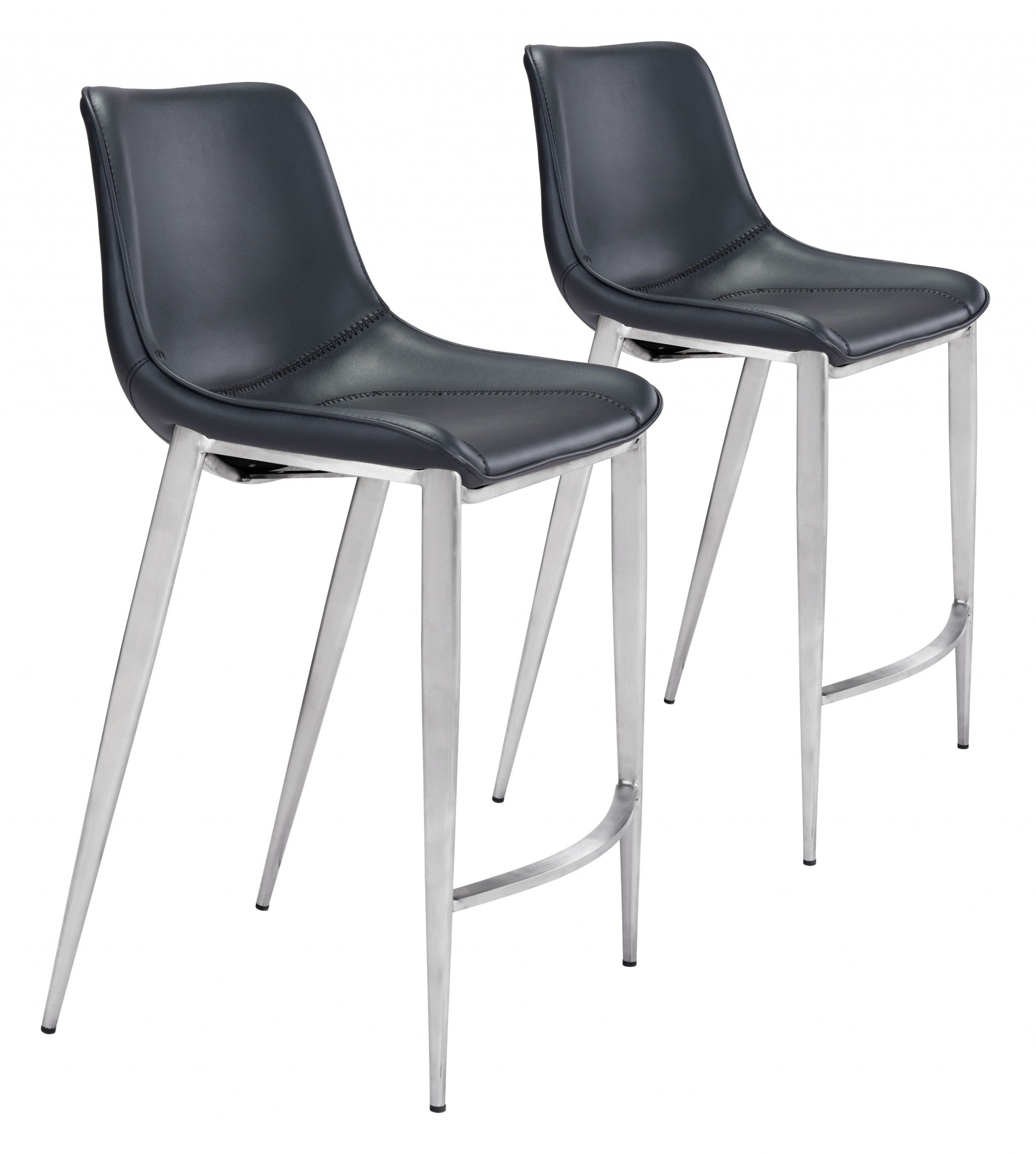 Set Of Two 40" Black And Silver Steel Low Back Counter Height Bar Chairs With Footrest
