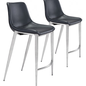 Set Of Two 40" Black And Silver Steel Low Back Counter Height Bar Chairs With Footrest
