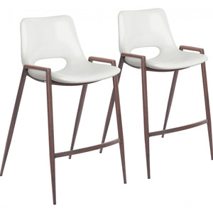 Set Of Two 36" White And Brown Steel Low Back Counter Height Bar Chairs With Footrest