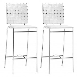 Set Of Two 39" White And Silver Low Back Counter Height Bar Chairs With Footrest